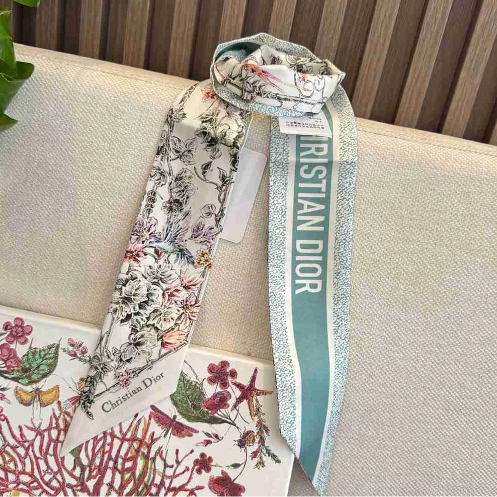 Dior 100% Silk Twilly Scarf Green Logo Authentic 🛍️